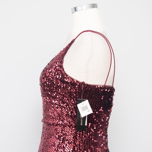 Betsy & Adam One Shoulder Burgundy Sequin Cocktail Dress - Picture 6 of 10